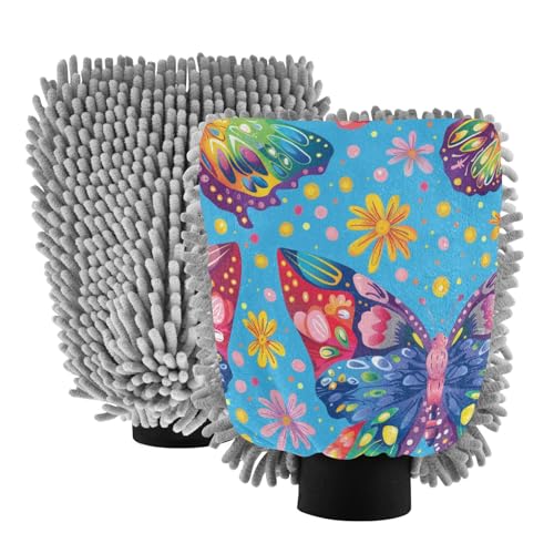 ALAZA Rainbow Butterfly Car Wash Mitt Scratch Free, 2 Pack Absorbent Microfiber/Chenille Washing & Drying Mitts, M