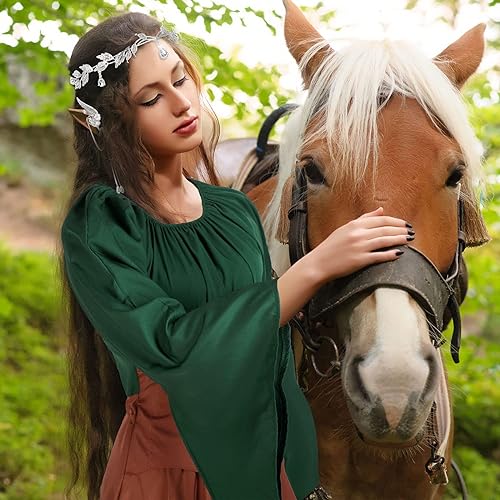 Image of 4 Pcs Women Elf Costume Renaissance Traditional Irish Dress Fairy Costume Elf Ear Cuffs for Women Halloween Cosplay Party