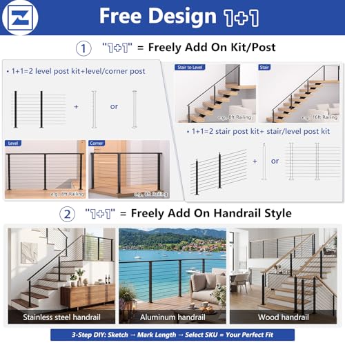 Image of 36 inch 8-16FT Swageless Modular Black Cable Railing System Post Kit with 3 Level Posts, T304 Stainless Steel, Patent Reusable Cable Railing Kit, Upgraded Powder Coated for Outdoor Decks