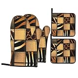 Denim Patchwork 4-Piece Set of Heat Resistant Oven Gloves and Pot Covers for Kitchen Cooking and Bak