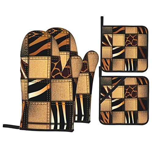 Denim Patchwork 4-Piece Set Of Heat Resistant Oven Gloves And Pot Covers For Kitchen Cooking And Baking #TOP17