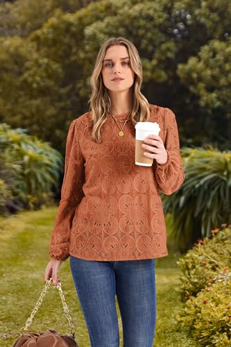Image of OFEEFAN Blouses for Women Dressy Casual Spring Tops 2026 Summer Outfits Flower Lace Crochet Long Sleeve Shirts