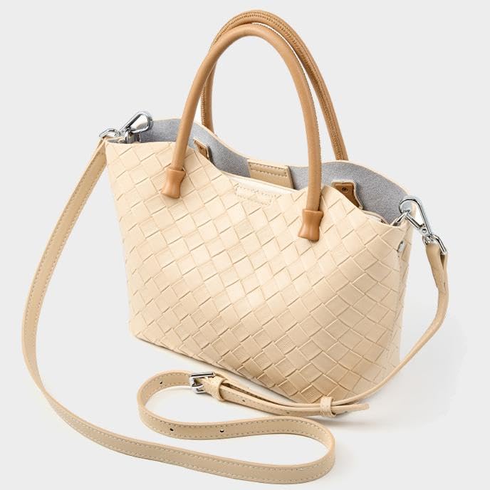 Image of Woven Leather Tote Bag for Women - Microfiber & Cowhide Handbag, Small Crossbody Satchel with Adjustable Strap for Daily Use