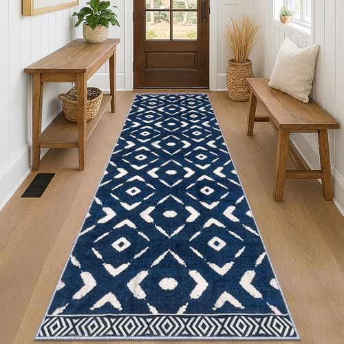 KILOCOCO Hallway Runner Rug 3x8 Runners for Hallways Washable Runner Soft Non Slip Printed Geometric Rubber Backed Low-Pile Rug Runners for Bedroom Kitchen Living Room Boho Rugs, Blue