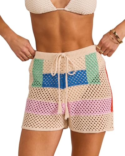ZAFUL Womens Crochet Cover Up Shorts Color Block Hollow...