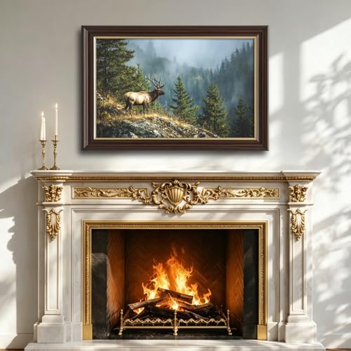 Image of Antique Framed Bull Elk Canvas Wall Art, Forest Wildlife Portrait Oil Painting Canvas Prints, Vintage Cabin Wall Decor Pictures for Living Room Bedroom Office