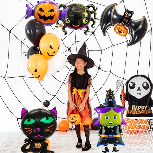 Tedercle Q28 7 Pieces Large Halloween Foil Balloons Decorations Set, Includes Bat, Witch, Pumpkin, Black Cat, Skeleton, Ghost And Spider Designs Mylar Balloons For Spooky Trick-Or-Treating Party Supplies thumb #6