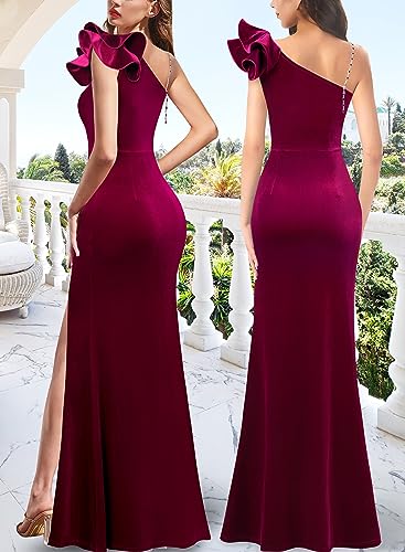 Image of VFSHOW Womens Ruffle One Shoulder Strap Ruched Formal Prom Wedding Maxi Dress V Neck Elegant Split Cocktail Evening Long Gown