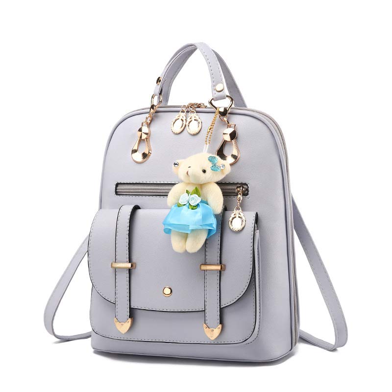 veloce Women's PU Leather Backpack, Navy Blue, with Teddy Bear Keychain, 33x13x30 cm, Lightweight for School, College & Travel (Grey)-picture-44