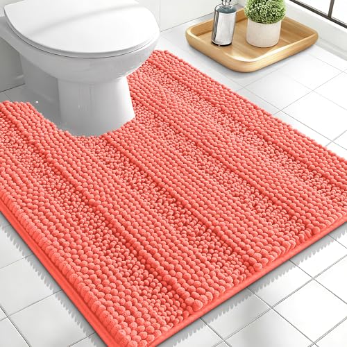 Image of OLANLY Thick Toilet Rugs U-Shaped 24x20, Extra Soft Absorbent Chenille Striped Contour Bathroom Rugs for Toilet, Dry Quickly, Machine Washable, Non-Slip Bath Mat, Coral