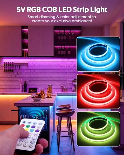 Image of 5V USB COB RGB LED Light Strip With Remote 576LED /M 4.92FT Rope Lights 1.5M