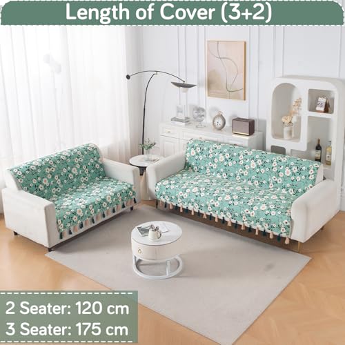 Image of HOKIPO Premium Holland Velvet Sofa Cover with Tassel 5 Seater (3+2) | Full Protection for Sofa Seat and Back | 'Whispers of Nature' | Sage Floral Vine (IN-1127+1126-D8)