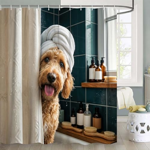 Image of Funny Dog Shower Curtain for Bathroom, Cute Fun Teddy Dog Animal Shower Curtain, Funny Puppy Hilarious Waterproof Bath Curtain Polyester Fabric with 12 Hooks 72x84 Inch