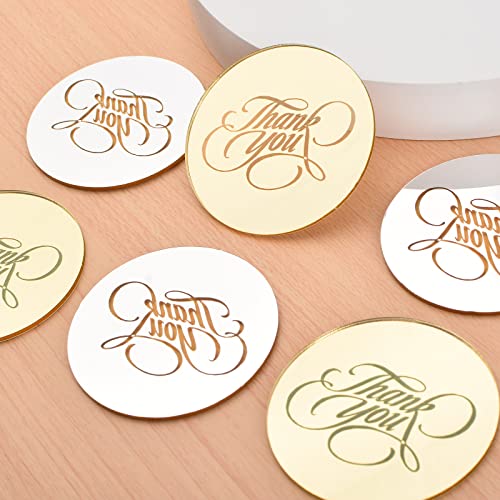 Urroma 20 Pcs Acrylic Cupcake Toppers, Round Thank You Cake Discs Mirror Acrylic Cake Picks Engraved Personalized Cake Topper Acrylic Cake Charm Cake Decoration Party Supplies #TOP3
