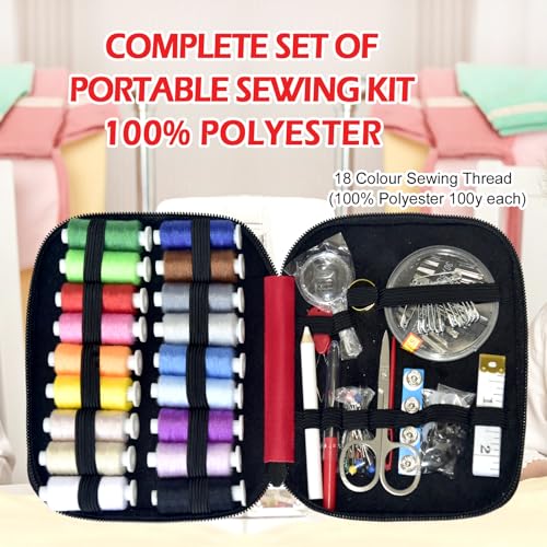 Image of Sewing Kit with Case Portable Sewing Supplies for Home Traveler, Adults, Beginner, Emergency, Contains 18 Sewing Thread, Scissors, Needles, Measure etc,Bright Christmas Red