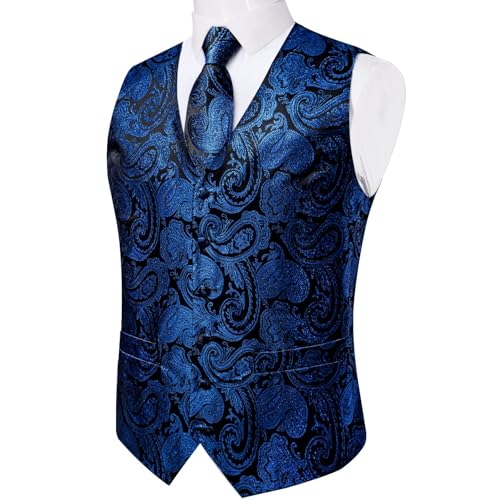 Image of DiBanGu Mens Vest and Tie Set Formal Paisley Waistcoat and Necktie Pocket Square Cufflinks Silk Suit Vest for Tuxedo Wedding