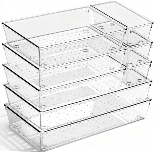 Image of 8 Pack Large Clear Plastic Drawer Organizer Bins - Acrylic Bathroom Drawer Organizer Trays - Heavy Duty Kitchen Drawer Dividers for Utensils - Non-Slip Storage Bins for Makeup, Bedroom, Office Desk