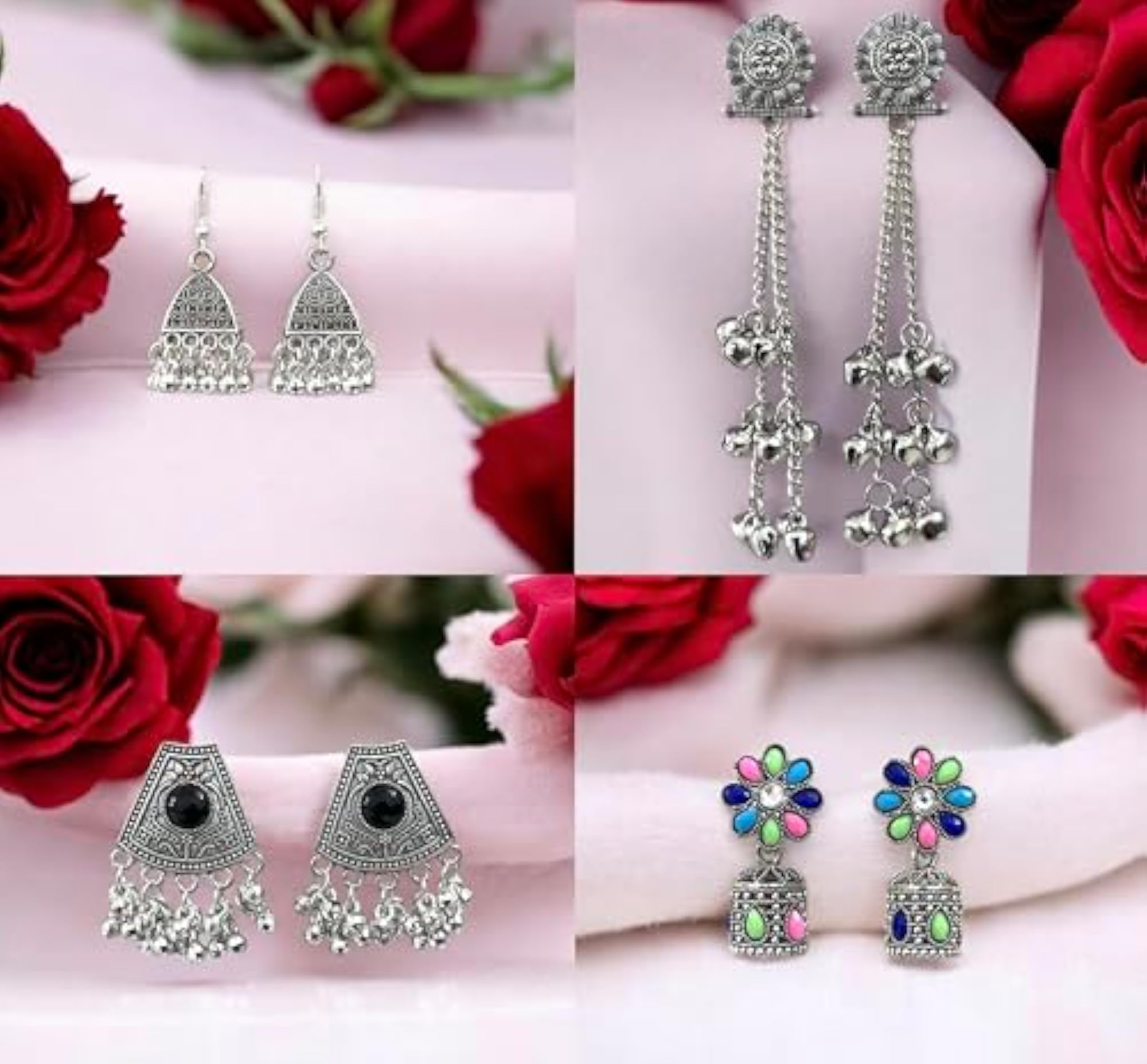 Traditional Indian Oxidised Silver Jhumka Earrings Combo Set