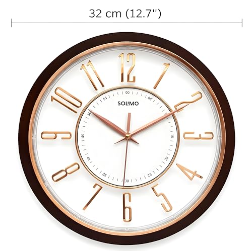 Image of Amazon Brand - Solimo 12.7 Inches Silent Wall Clock for Living Room Bedroom Office Wooden Look Plastic 3D Easy to Read Numbers Modern Stylish Sweep Movement Wall Clock for Home - 1600TS (Wood Copper)