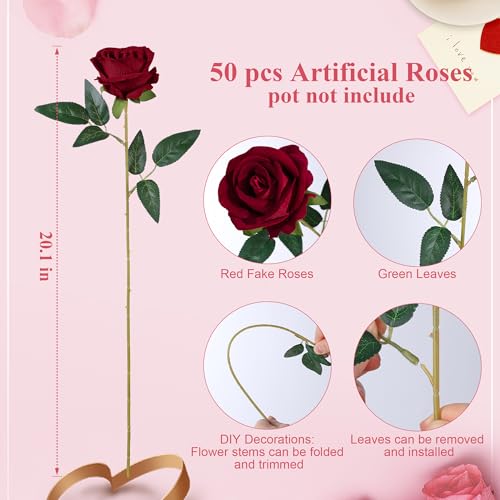 Image of 50 PCS Burgundy Roses Artificial Flowers, Fake Roses with Stem Realistic Silk Roses for DIY Wedding Bouquets Table Centerpieces Arrangements Baby Shower Birthday Home Decor Valentines Day Gift for Her