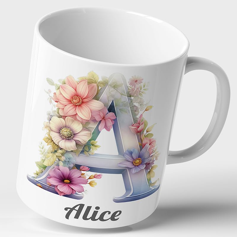 Personalised Floral Mug Cup 11oz Name Flower Ceramic Customised Custom Initial Letter Alphabet Monogram Coffee Tea Gift Present Birthday Mum Nanny Nan Girl Friend Colleague Blue Style