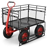 ガービー（Garvee） ガーデンカート 耐荷重650 kg 運搬車 カゴ付き台車 メッシュカート 取り外し可能な側面 大型タイヤ 手引き台車 大型収納 ガーデン 倉庫 家庭用 引越し 買い物 日本語説明書付き (111.8×76.2×87.9cm)