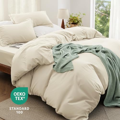 Image of Bedsure Duvet Cover King Size with Fitted Sheet - 4 Pieces Prewashed Cotton-Like Soft Bedding Set, Includes 1 Duvet Cover 104x90 Inches with Zipper Closure, 2 Pillow Shams, 1 Fitted Sheet, Oat Milk