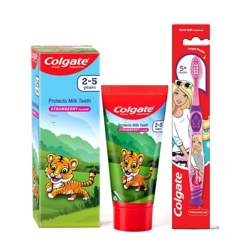 Image of Colgate Kids Anticavity Toothpaste for 2-5 Years - 80gm (Strawberry Flavour) & Colgate Kids Barbie Manual Toothbrush,Multicolor,1 Piece