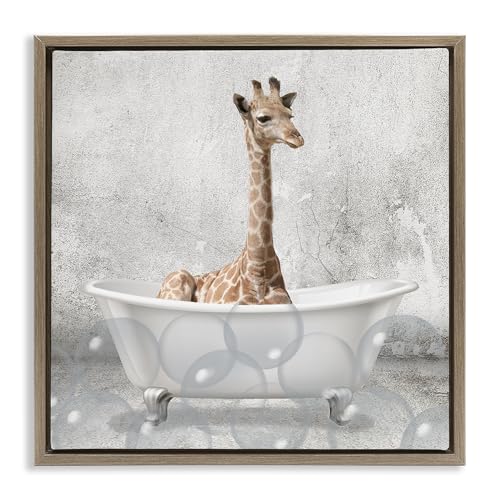 Image of Stupell Industries 'Baby Giraffe Bath Time'| Floating Frame Canvas Art | Stupell Industries | Brown, 18 x 18 Inches, Easy to Hang and Sturdy, Made in USA, by Kim Allen