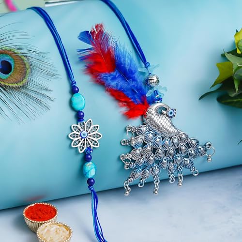 Image of Bhai Bhabhi Rakhi Set - Peacock Designer Rakhi with Stone & Pearl Work Lumba with Tassel for Bhabhi | Raksha Bandhan Gift