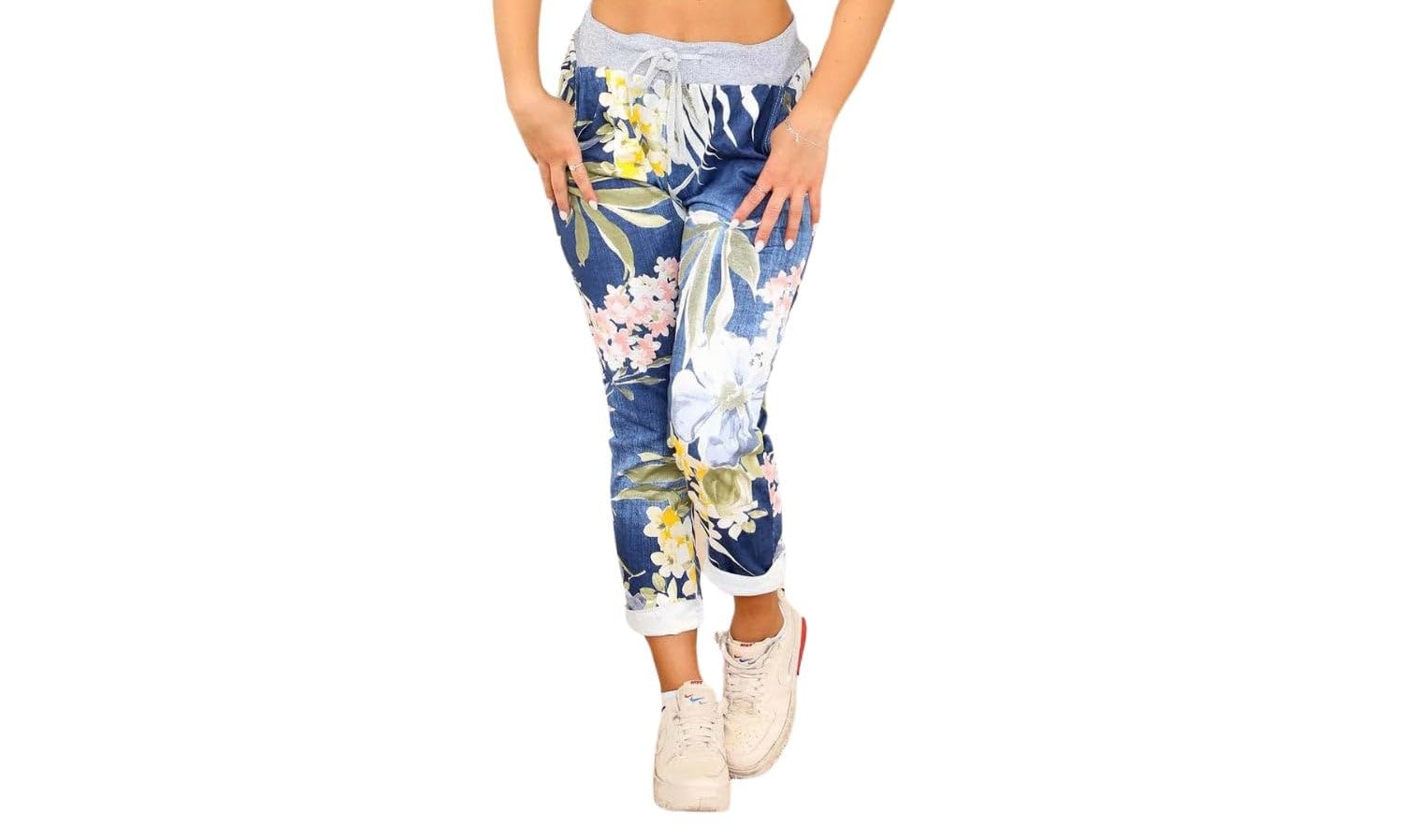 Wearall Women's Jungle Dark Denium Floral Print Drawstring Elasticated Trousers Jogging Bottoms Pants 12-14