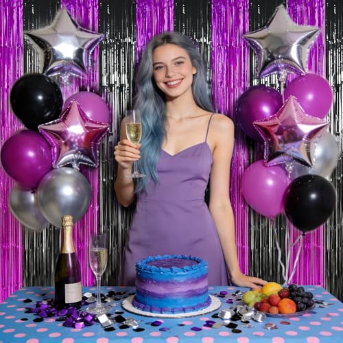 Image of TONIFUL Black Hot Pink Door Streamers,Black and Pink Photo Booth Backdrop Metallic Streamers Foil Fringe Curtain for Birthday,New Year,Graduation,Grad,Baby Shower Party Streamers Decoration