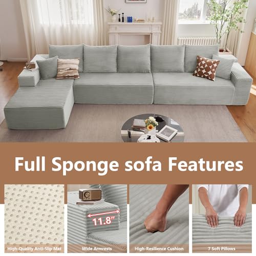 Image of Oversized Modular Sectional Sofa Couch, Large 5 Seater Corner Sofa Modern L Shaped Sectional Couch Cloud Couches for Living Room, Office, Spacious Space, Corduroy, No Assembly Required, Light Grey