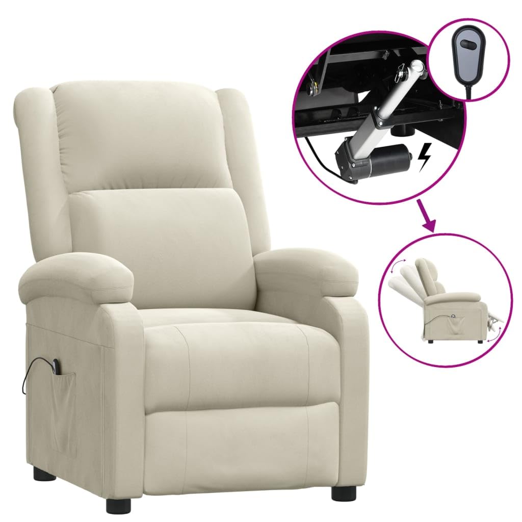 Sillón de relax eléctrico de terciopelo crema con estructura de metal y madera, motor eléctrico y 3 posiciones, con mando a distancia de 2 botones