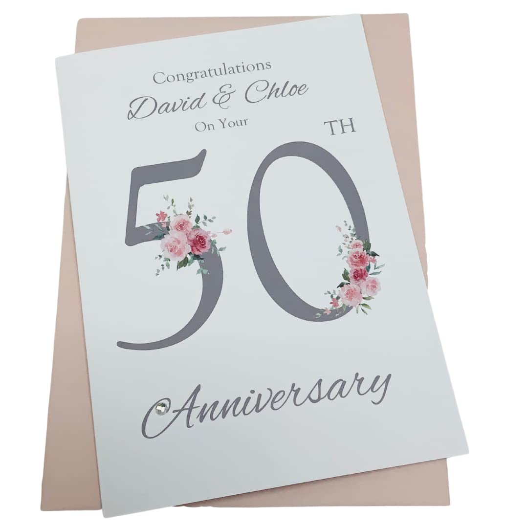 50th Wedding Anniversary Card - Golden 50 Year Fiftieth Anniversary Greeting Card, Personalised Gift for Wife, Husband, Parents, Couple Friends - Various Designs (Floral Number) โ image 1
