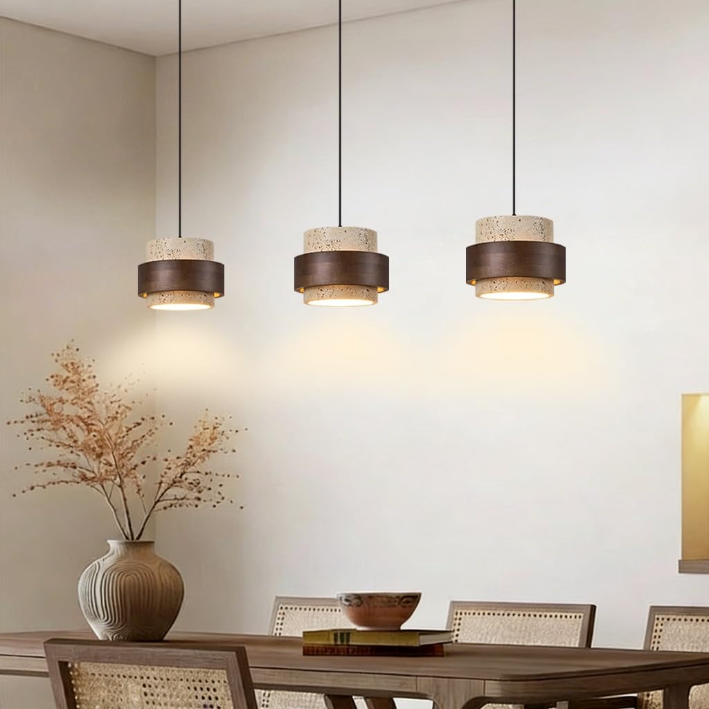 Lampadario Tre Luci E27 Lampada A Sospensione Giapponese Wabi-Sabi Paralume In Travertino Giallo Lampada Tavolo Da Pranzo Vintage Luce Sospese Legno Adatta Per Sala Da Pranzo Isola Cucina(A2)