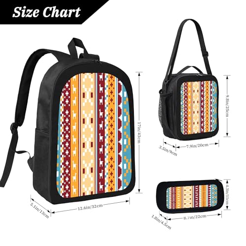 3PCS Backpack for Women Men With Lunch Box Pencil Bag 17 Inch Lightweight Adjustable Strap Back Pack 3 In 1 Set Color Bohemian Ethnic Casual Daypack Unisex Fit Travel Work Camping3