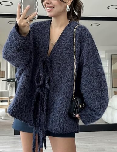 Yimoon Womens Tie Front Fuzzy Jacket Oversized V Neck Bow Fluffy Warm Coat 2024 Fall Loose Long Sleeve Outerwear2