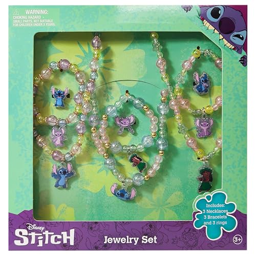LUV HER Lilo & Stitch Girls Jewelry Set - Dress up 9 Piece Toy Jewelry Box Set with Bead Necklace, Bracelet and Ring - Play Accessories - Ages 3+
