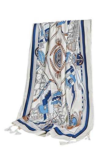 GLORIS Damen schal Weiß und Blau groß 180 * 90 cm mit bunten Meeresmotiv Print. Halstuch Tuch für Frauen. Kopftuch Halstuch Schal