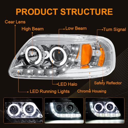 Image of LED Projector Headlight Assembly Fit 1997-2003 Ford F150 / 2004 Ford F150 Heritage /97-99 Ford F250 Light Duty /97-02 Ford Expedition Pair ofc Chrome Housing Amber Reflector