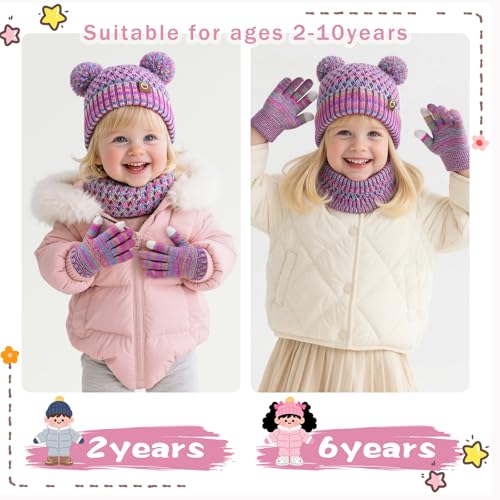 Image of Kids Winter Hat Gloves Scarf Set,Toddler Girls Winter Hat Kids Beanie with Pom Neck Warmer Gaiter Mittens Fleece Lined Set