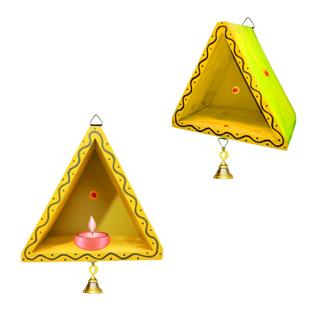 Himavat Wooden Hanging Diya Stand for Wall | Triangle Vilakku Madam Diya Holder with Brass Bell | Classic Wall Mounted Pooja Vilakku Stand for Mandir Decoration (Yellow - Pack of 2)-image-30