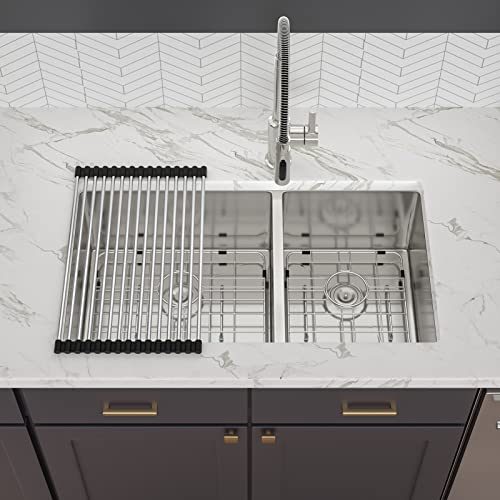 33 Kitchen Sink Double Basin - Lofeyo 33 X 19 Stainless Steel Kitchen Sink 60/40 Double Bowl 16 Gauge Round Corner Undermount Kitchen Sink Basin #TOP1