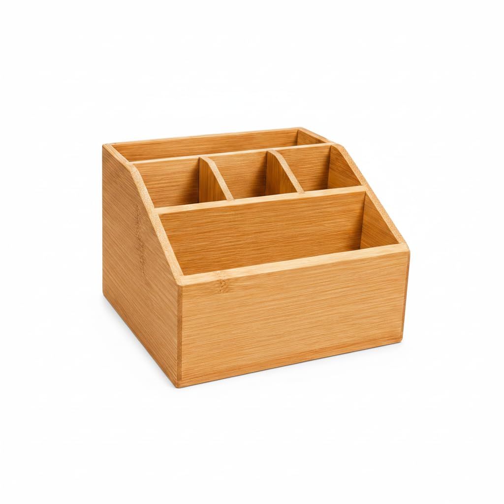 hausleben Organizer na biurko z bambusa – 5 przegródek, pojemnik na długopisy i organizer biurowy, półka na biurko do biura i biura (16 x 15 x 11 cm) | Uchwyt na długopisy i organizer na biurko z 5 przegródkami, organizer na biurko do domu i biura, 16 x 1