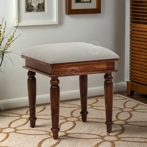 Image of NSH Sheesham Wood Square Top Seating Stool with Cushion | Elegant & Premium Handcrafted Side Table | Multipurpose Footrest, Portable Stool for Living, Bedroom & Lounge | Honey Finish, 1 Wooden Stool