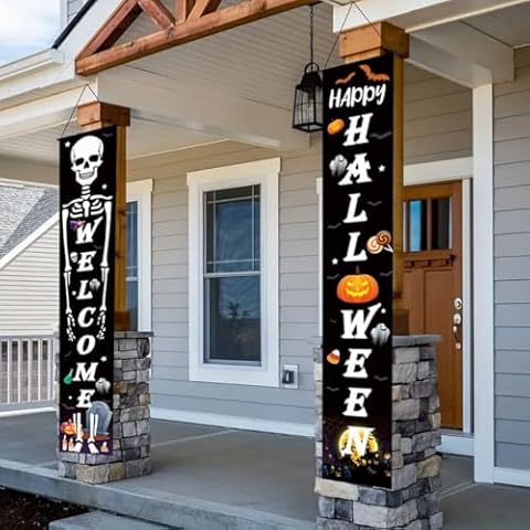 Halloween Decorations Outdoor Porch Sign Banners Halloween Decor, Welcome Halloween Trick or Treat Door Banner for Front Door Outside Party Supplies (white) Cover