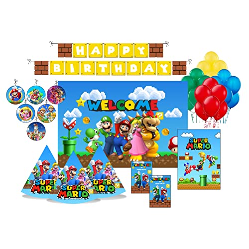 Image of PRETTY UR PARTY Mario Bros Party Decorations Kit - 80 pcs Include Bunting, Balloons, Thank You, Centerpiece, Danglers, Caps, DIY Party Supplies Decor for Kids,Paper,Red, Blue, Green, Yellow