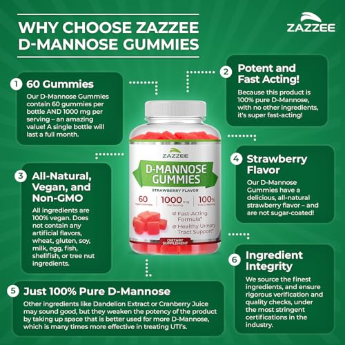 Image of Zazzee D-Mannose Gummies, 1000 mg per Serving, 60 Vegan Gummies, Strawberry Flavor, Non-Sugar-Coated, Potent & Fast-Acting, All-Natural Urinary Tract Health Support, Made in the USA