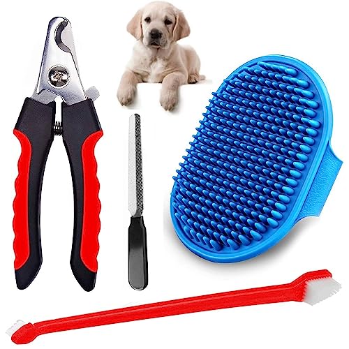 Hear Doggy Dog Cat Shampoo Washing Grooming Massage Brush With Nail Cutter Clipper Claw care, Toothbrush for pet for Small, Medium, Large Breeds – Color May Vary